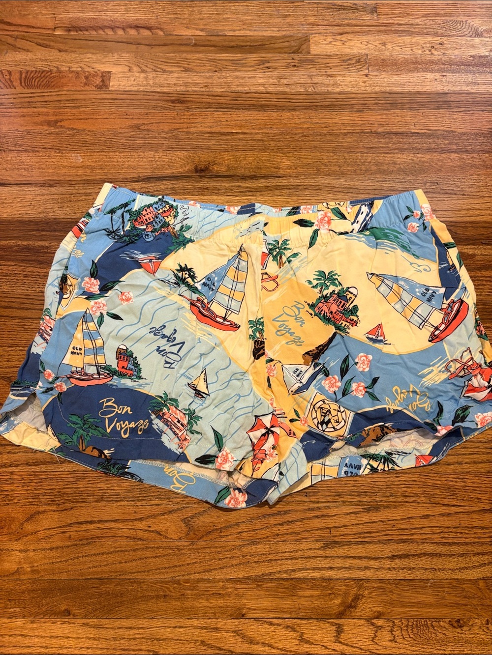 Old Navy Bon Voyage Tropical Sailboat Athletic Shorts - Blue & Yellow XL